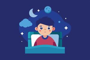 A boy sitting up in bed under a starry night sky, looking thoughtful while surrounded by clouds and a crescent moon vector