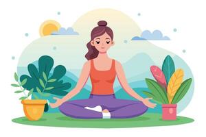 A woman practices mindfulness meditation surrounded by indoor plants in a serene outdoor setting during the daytime vector