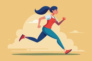 A woman running energetically on a sunny day, surrounded by gentle clouds in a vibrant outdoor setting vector