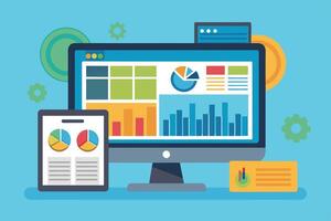 Colorful digital dashboard with charts and graphs displayed on a computer and tablet showcasing analytics and data insights vector