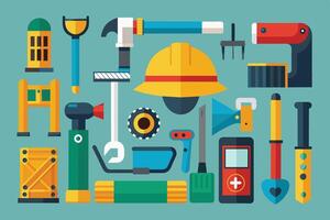 A vibrant collection of assorted construction tools arranged creatively on a teal background showcasing DIY essentials and safety gear vector