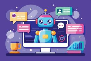 A colorful digital illustration of a friendly robot assisting with online tasks on a computer in a modern workspace setting vector