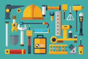 Colorful assortment of construction tools and equipment on a blue background showcasing essentials for building and repair tasks vector