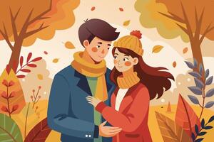 Couple embracing in a vibrant autumn landscape surrounded by colorful leaves and trees during a peaceful afternoon vector