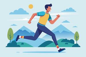 A man jogging energetically in a colorful athletic outfit against a scenic mountain backdrop on a sunny day vector