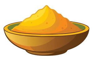 A vibrant bowl of yellow spice sits on a wooden table, highlighting its rich texture and color, perfect for adding flavor to various dishes vector