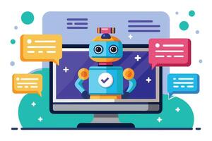 A friendly robot chatbot interacts with users on a modern computer screen, showcasing digital communication in a vibrant workspace vector