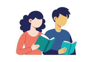 Two young adults reading books together in a cozy setting, enjoying a shared moment of discovery and learning vector