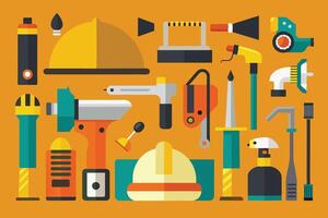 Variety of construction tools and safety gear arranged on an orange background for a creative workshop or DIY project vector