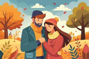 Two people enjoy a cozy outdoor moment in a colorful autumn park surrounded by trees and falling leaves on a sunny day vector
