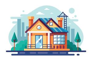 A cozy modern house surrounded by trees and city buildings on a sunny day with a construction ladder in view vector