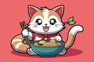 A cheerful cartoon cat enjoys a bowl of noodles while holding chopsticks, set against a vibrant background vector