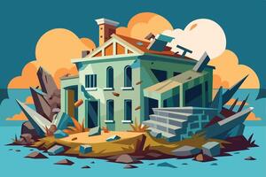 A colorful illustration of a run-down house surrounded by debris and rocks on a sunny day with dramatic clouds in the background vector