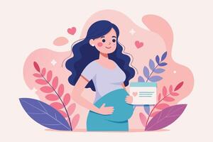 Expecting mother holding a pregnancy test with a joyful expression surrounded by colorful plants and hearts vector