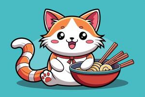 Cute cartoon cat enjoying a bowl of ramen with chopsticks in a vibrant setting, showcasing its playful character vector