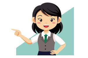 A cheerful cartoon woman in a business outfit pointing to the right while standing against a light green backdrop in a creative, modern design vector