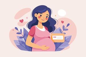 Expecting mother holds a pregnancy test in a serene setting surrounded by hearts and plants, celebrating new beginnings vector