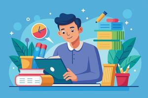Young man studying with books and stationery in a colorful workspace surrounded by plants on a bright day vector