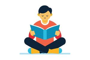 A young person sits cross-legged on the floor, engrossed in reading a colorful book indoors during daytime vector