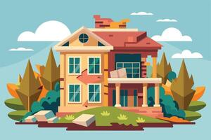 Abandoned house surrounded by trees and clouds in a stylized landscape illustrating decay and neglect during daylight vector