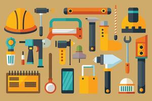 Collection of construction tools and safety equipment on a neutral background, showcasing various items related to building and repair tasks vector