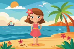 A cheerful girl in a pink dress enjoying a sunny beach with palm trees and a distant ship on a bright summer day vector