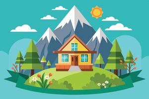 A cozy house nestled in a vibrant valley surrounded by mountains during a sunny day with lush greenery and colorful flowers vector
