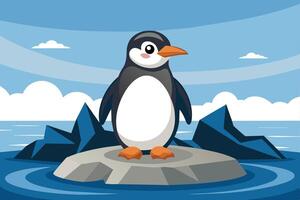 A penguin stands on a rocky island surrounded by water and icebergs under a clear blue sky with soft clouds during daytime vector