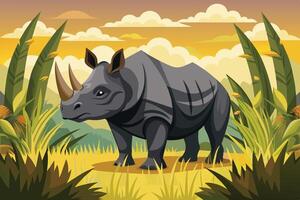 A rhinoceros stands in a vibrant landscape at sunset with tall grass and colorful skies vector