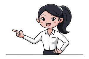 A cheerful woman in a white blouse pointing and smiling, indicating something important with enthusiasm in a casual office environment vector