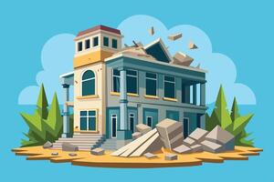 Abandoned building surrounded by rubble and trees reflecting a state of disrepair in a clear sky setting vector