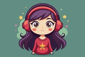 A cheerful animated character with headphones enjoying music in a colorful design against a vibrant background vector
