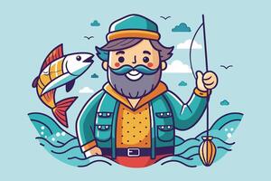 A cheerful fisherman catches a big fish in colorful waters on a sunny day surrounded by simple clouds and gentle waves vector