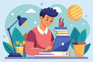 Young student studying at a desk surrounded by books, plants, and stationery in a bright, cheerful workspace during the afternoon vector