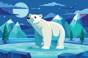 A polar bear stands majestically on an ice floe surrounded by mountains and a starry night sky in a tranquil Arctic landscape vector