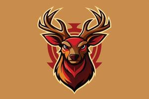 A fierce deer head emblem featuring intricately designed antlers and sharp features on a warm background vector