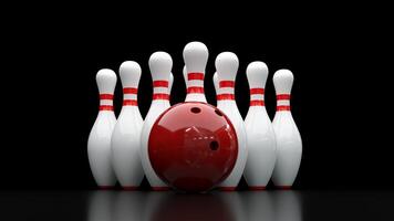 3d render of bowling ball and skittle on dark black background with empty space. Lost strike. Minimal sports game concept. Background for advertising holidays with friends in a bowling club. photo