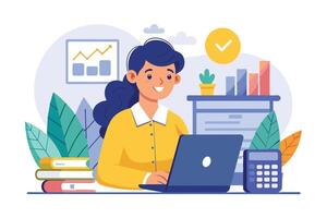 A woman working on a laptop in a bright office with plants, books, and a calculator, showcasing productivity and organization vector
