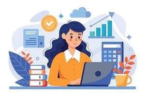 Young woman working at a desk with a laptop, books, and plants while analyzing charts in a bright, modern office setting vector