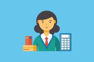 Young woman in a green sweater with books and a calculator, symbolizing education and learning in a simple digital illustration vector