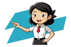 A cheerful cartoon woman in a white shirt and red tie pointing enthusiastically to the left against a bright blue background vector