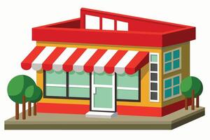 A colorful small retail shop with a red roof and windows, surrounded by stylized trees vector