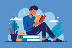 A person reading a book while sitting on a stack of books with a plant nearby in a bright, cheerful environment vector