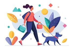 A woman walking her dog through a colorful park while carrying shopping bags on a sunny day vector