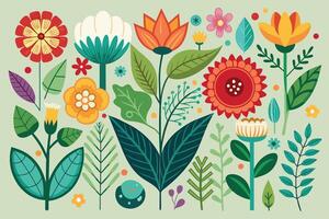 Colorful floral pattern featuring various flowers, leaves, and vibrant designs on a light green background created in a playful and artistic style vector