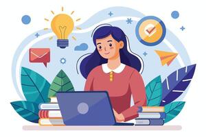 A young woman studies with a laptop in a bright and creative workspace surrounded by books and inspiring symbols of learning and productivity vector