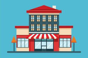 Colorful storefront of a modern building with a red roof and awning on a bright blue background, showcasing a lively urban atmosphere vector