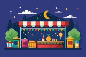 Night market scene featuring colorful stalls, decorative lights, and assorted goods set under a crescent moon and starry sky vector