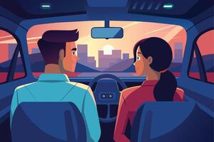 A couple enjoys a sunset drive through the city during evening hours, capturing a moment of connection and tranquility in their car vector