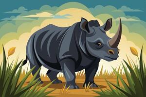 A majestic rhinoceros standing proudly in a grassy landscape under a colorful sky during the golden hour of late afternoon vector